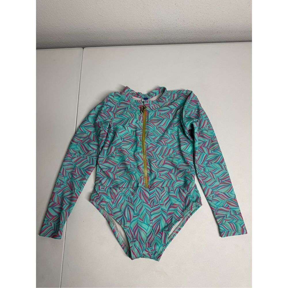 Tulle Girls Surf’s Up Swimsuit Front Zip Turquoise Pink Leaf Print Rare Size 6